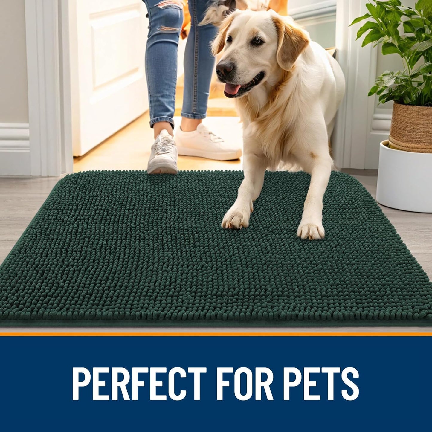 OLANLY Dog Door Mat - Absorbent Non-Slip Chenille Mat for Muddy Paws | 24x16 Inches, Blackish Green