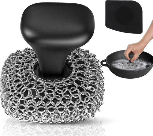 Cast Iron Scrubber - 316 Chainmail Cleaner for Pans & Skillets | Dishwasher Safe Cleaning Kit, Black