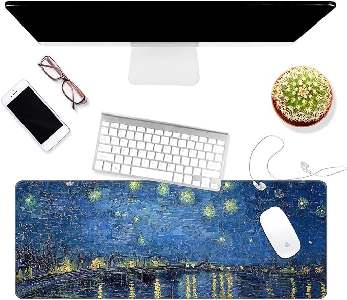 Dynippy Thin Extended Gaming Mouse Pad （31.5 * 11.8 * 0.08 inch） with Stitched Edges Large Mousepad Long XXL Keyboard and Mouse pad Desk Mat for Gaming Office & Home - Starry Night Over the Rhone