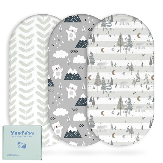 Yoofoss Bassinet Sheets - 3-Pack Fitted Baby Sheets for Halo & Angelbliss | Soft Grey Bear Design