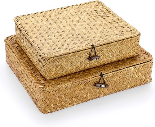 Hipiwe Wicker Storage Bins - Set of 2 Natural Seagrass Baskets with Lids | Multipurpose Home Organizer in Caramel