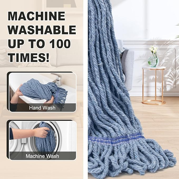 Commercial Industrial Mop with 3 Extra Large Reusable Replacement Head,59" Long Handle Heavy Duty Wet Mops,Looped-End String Cotton Mop for Floor Cleaning,House,Kitchen,Office,Garage,Tile(Yellow)
