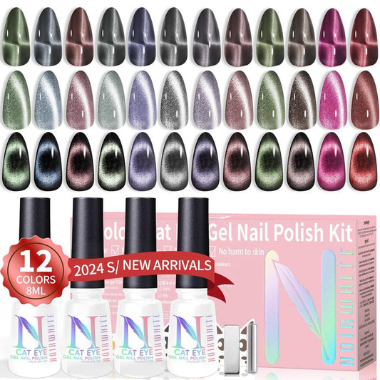 noirwhite Gel Nail Polish Set, 12 Colors Holographic Glitter Neon Cat Eye Gel Nail Polish Kit with Magnet Base Top Coat Magnetic Nail Polish Starter Kit Nails Art DIY Home Salon Gift for Girls Women