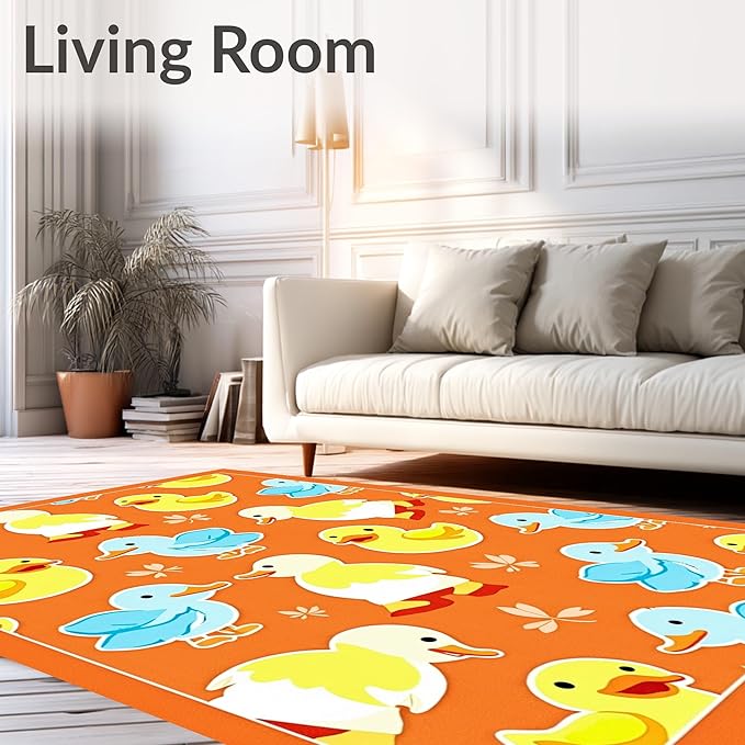 Flatwoven High Traffic Area Rug 5x7, Whimsical Parade Watercolor Cartoon Inspired Motif, Non Slip, Stain Resistant, Washable Area Rugs for Living Room, Bedroom (Orange, 5x7)