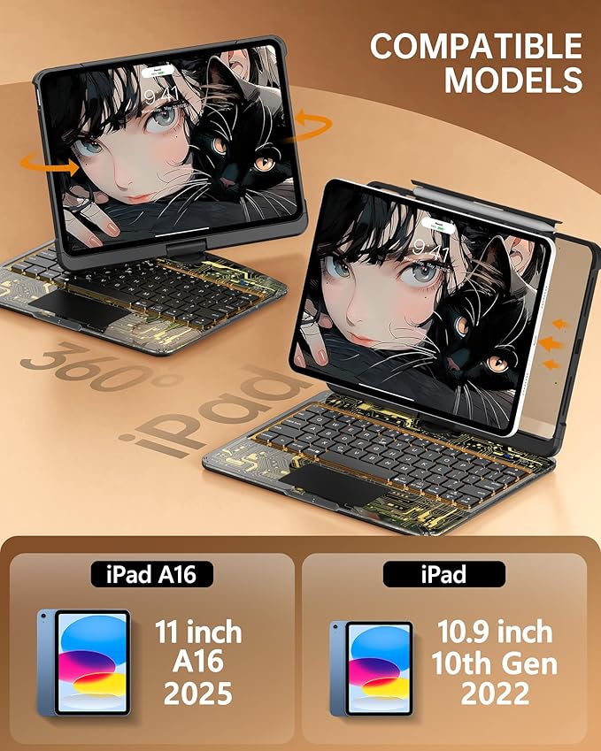 Intermerge for iPad A16 11th (2025) & 10th Generation 10.9" Case with Keyboard, 360 Deg Transparent Multi-Touch Trackpad, 7-Color RGB Keyboard, Pencil Holder, Type-C, Shadow Pulse