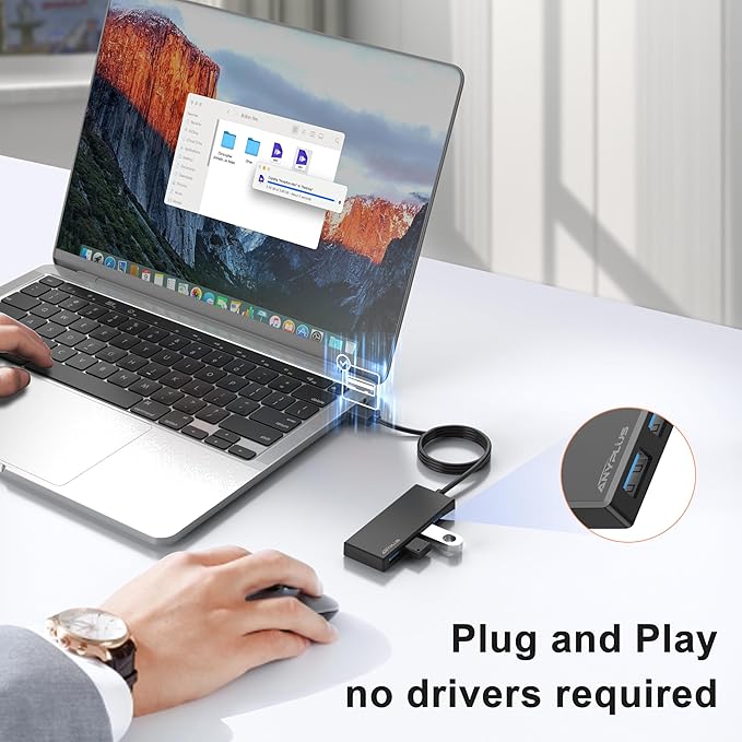 ANYPLUS USB Hub, Multiport USB Splitter Adapter, 2 ft Long Cable USB 3.0 Hub, USB Extender for Laptop, PC, iMac, Surface Pro, MacBook, Mac Pro, Flash Drive, XPS, Mouse, HDD, Black, HJ-Black-0.5M-001