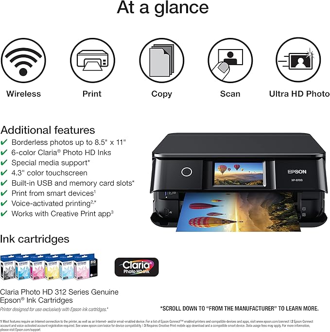 Epson Expression Photo XP-8700 Wireless All-in-One Printer with Scanner and Copier, 4.3" Color Touchscreen Black
