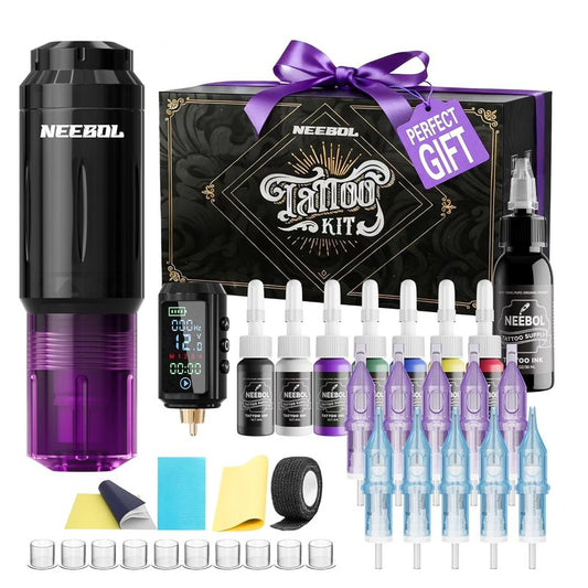 Tattoo Gun Kit for Beginners - Wireless Tattoo Machine with 1600mAh Battery, 10 Cartridge Needles & Ink Set | Black & Color