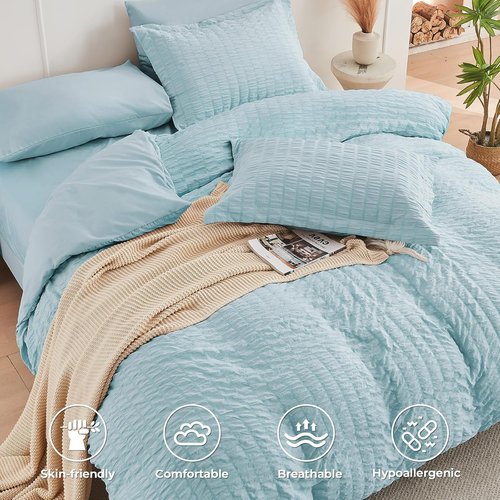 HYMOKEGE Twin Comforter Set - Luxury 5-Piece Bed in a Bag | Seersucker Lake Blue Bedding Set