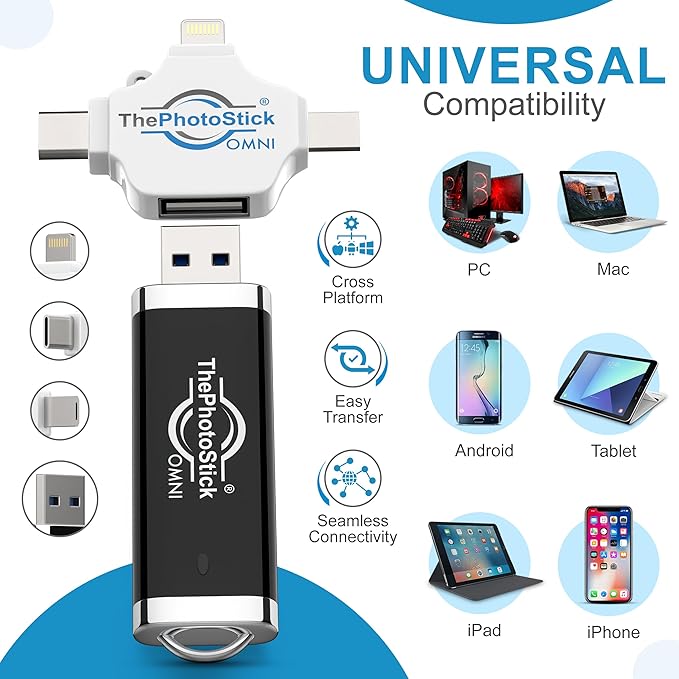 ThePhotoStick® Omni 128GB (2 Pack) USB Flash Drive & Memory Stick – Automatic Photo & Video Backup for iPhone, Android, Mac & PC – Multiport Connection to Easily Store & Transfer Files