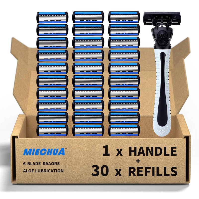 6-Blade Razor,Plastic Anti-slip Men Manual Refill Cartridges razors, Reusable Face Cleansing Care Tool, 30 pcs refill cartridges, Shave Supplies for Men and Women - Black