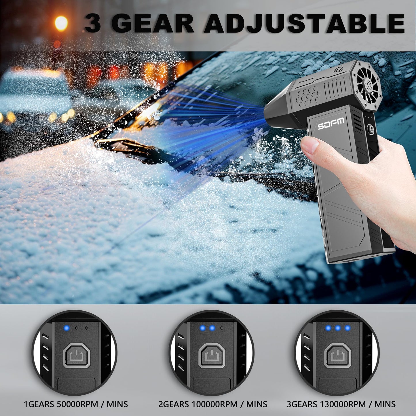 SDFM Electric Air Duster - 130000RPM Compressed Air Duster，3 Gear Adjustable Jet Dry Blower can Reusable Can for Computer Keyboard,Outdoors,Car,Home.… (Black)