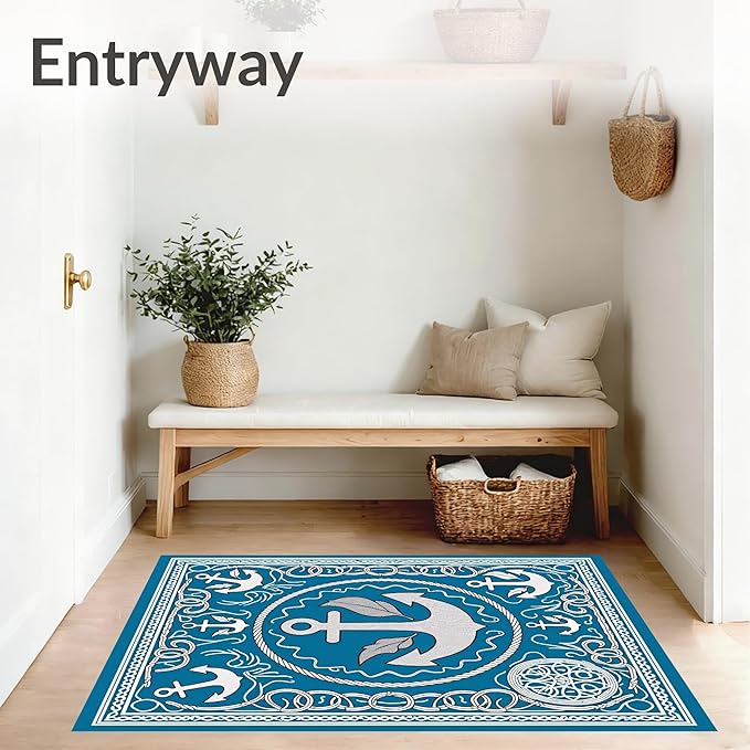Flatwoven High Traffic Area Rug 3x5, Sailing Ship Anchor Rope Knot Marine World Foam Trio, Non Slip, Stain Resistant, Washable Area Rugs for Living Room, Bedroom (Blue, 3x5)