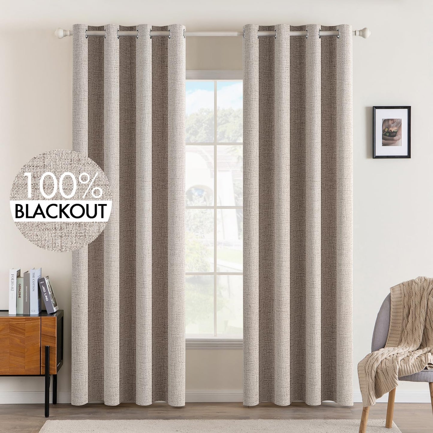 MIULEE Blackout Curtains - Linen Texture Thermal Insulated Room Darkening Drapes | Natural Khaki, 52 x 84 Inch (2 Panels)