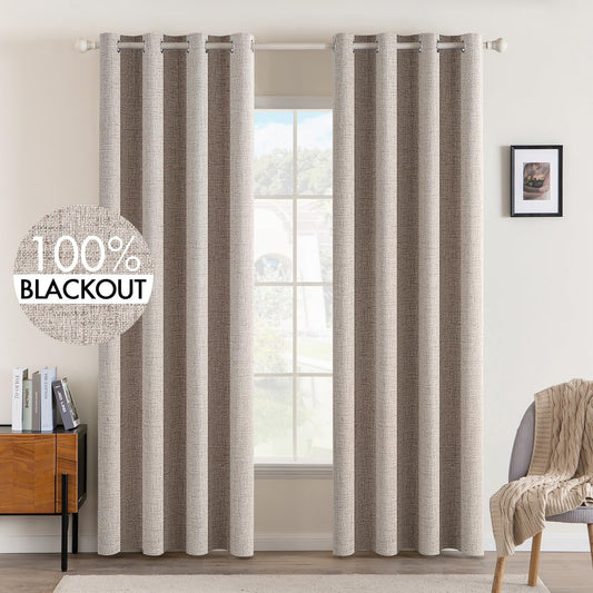 MIULEE Blackout Curtains - Linen Texture Thermal Insulated Room Darkening Drapes | Natural Khaki, 52 x 84 Inch (2 Panels)
