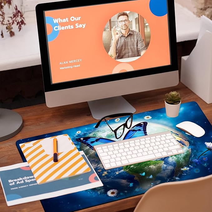 KOAIWPAE Desk Mat, Earth Surrounded by Flowers Desk Pad, Blue Butterfly Large Gaming Mouse Pad, 31.5"x15.7", Extended Big Computer Keyboard Mouse Pad with Non-Slip Base and Stitched Edge
