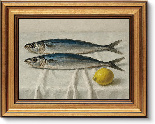 VIYYIEA Vintage Gold Framed Wall Art - Salted Fish & Lemon Canvas Print for Living Room Decor (10L x 8W)