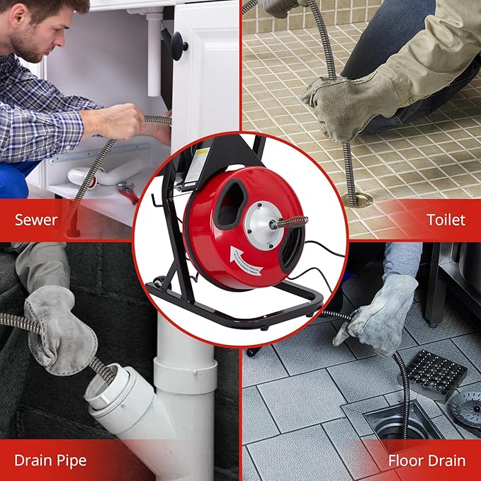 Garvee K-300F 1/2 in 50 ft Red & Black Electric Drain Cleaner Machine - Automatic Auger for 1 to 4 in Pipes, Portable Design, 4 Cutters, Foot Switch Control, and Includes Gloves.