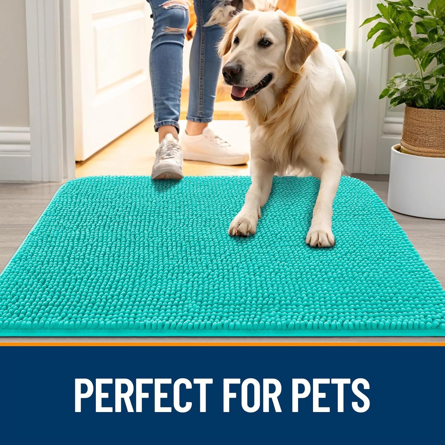 OLANLY Dog Door Mat - Absorbent Non-Slip Chenille for Muddy Paws | 34x21 Inches, Quick Dry, Teal