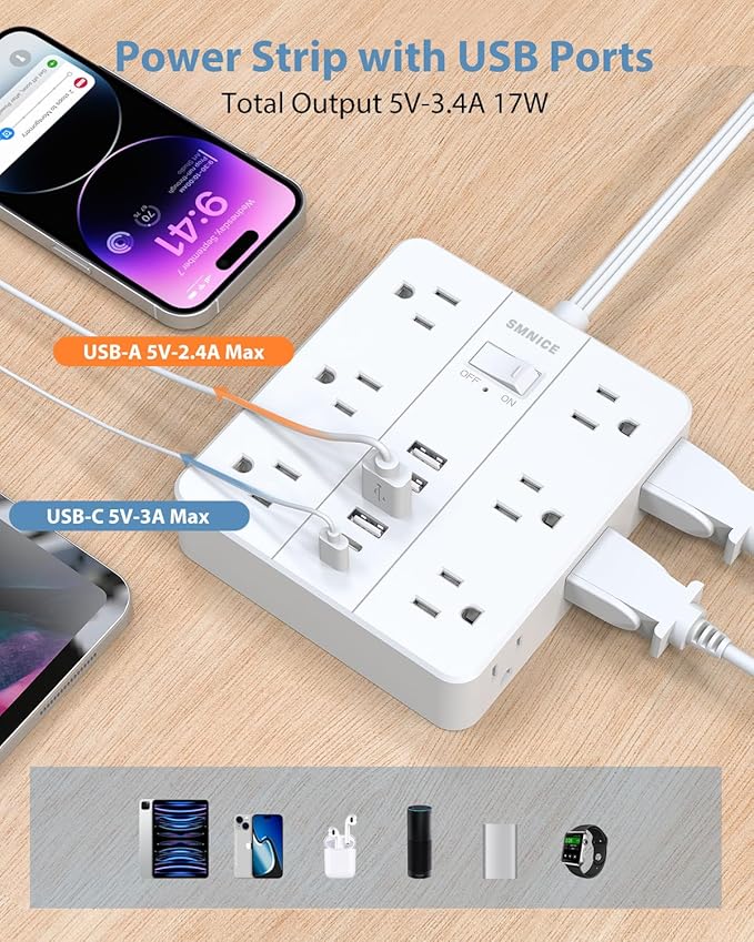 Power Strip 10ft Extension Cord,SMNICE Flat Plug with 12 Outlets 6 USB(2 USB C),Power Strip Charging Station with Overload Protection for Home, Dorm,Office