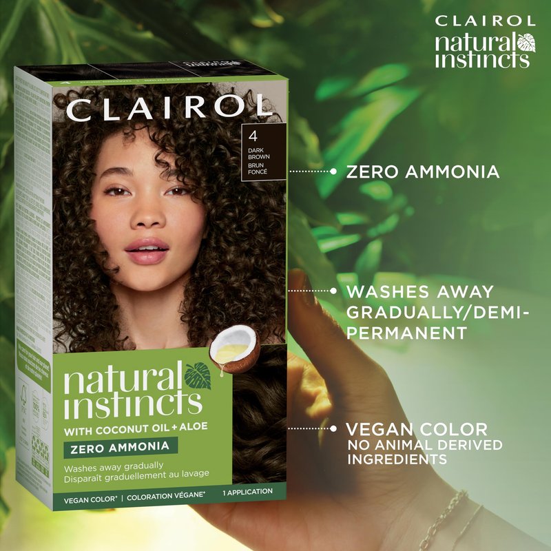 Clairol Natural Instincts Demi-Permanent Hair Dye, 4 Dark Brown | Ammonia‑Free, Vegan Hair Color with Coconut Oil & Aloe Vera | Pack of 3