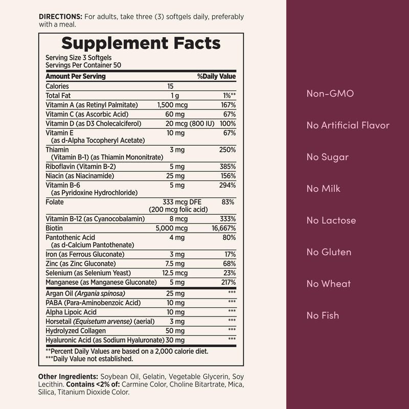 Nature's Bounty Advanced Hair, Skin & Nails, Argan-Infused Vitamin Supplement with Biotin and Hyaluronic Acid, 150 Rapid Release Softgels, 50 Total Servings