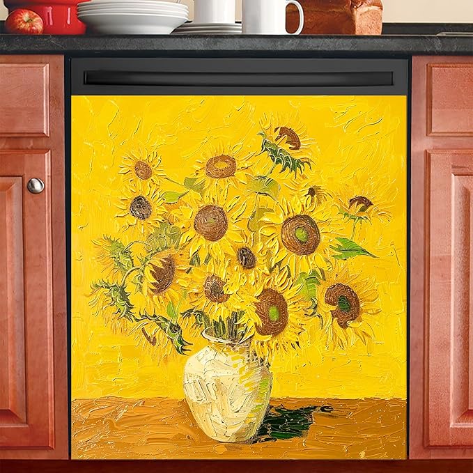 Dishwasher Magnet Cover 23x26 in Oil Painted Classic Sunflower Bouquet in White Vase Dishwasher Cover for Kitchen Appliance Decoration Front Panel Sticker Rustic Art Skin Panel Home Decor