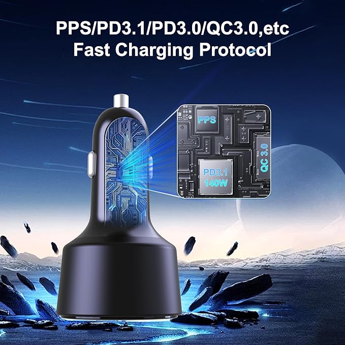Ubigbuy 205W USB C Car Charger - 3-Ports, PD3.1 140W