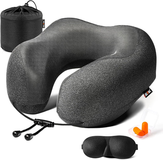 MLVOC Travel Neck Pillow - Upgraded 100% Pure Memory Foam for Airplane Comfort | Includes 3D Eye Mask & Earplugs, Black