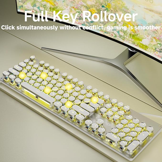 SEUNKWANG EWEADN TK100 Typewriter Style Wired Mechanical Keyboard, 104 Keys Aesthetic Typewriter Keyboard with Yellow Backlit, Anti-Ghosting, Blue Switch Cool Keyboards-White