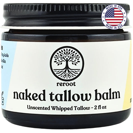 Reroot Organics Beef Tallow Balm for Skin | NAKED TALLOW BALM | 1 Ingredient - 100% Grass Fed Grass Finished Tallow | Whole Body & Face Moisturizer | Whipped | Dry Skin, Eczema, Rosacea, (2oz)