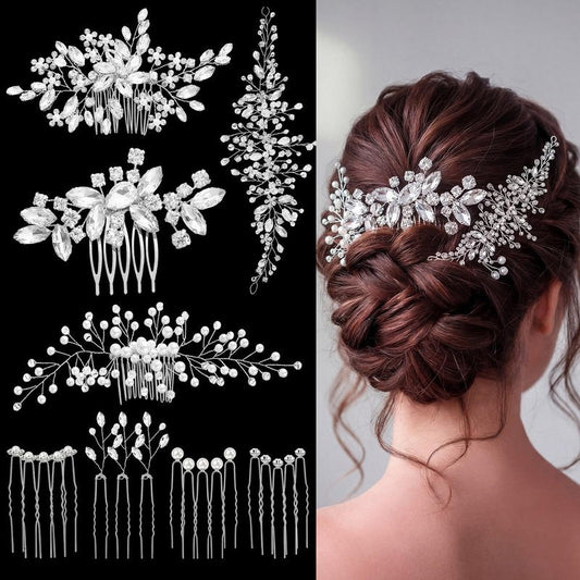 Maitys 44 Pieces Wedding Hair Accessories Faux Pearl Crystal Comb Clips U-shaped Flower Rhinestone Silver Pearl Hair Pieces for Prom Bride Bridesmaid(Elegant Style)