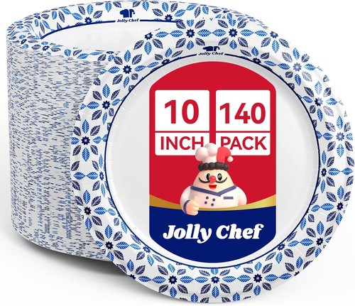 JOLLY CHEF 10-Inch Heavy Duty Disposable Paper Plates - 140 Count, Soak Proof & Cut Proof