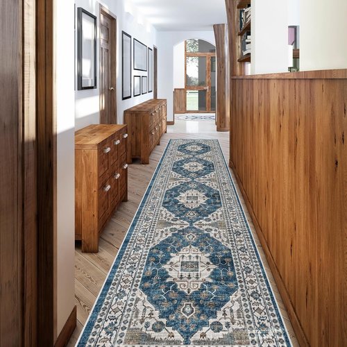 Hallway Washable Runner Rug - Vintage Soft Non-Slip Indoor Carpet | 2'6'' x 12', Blue