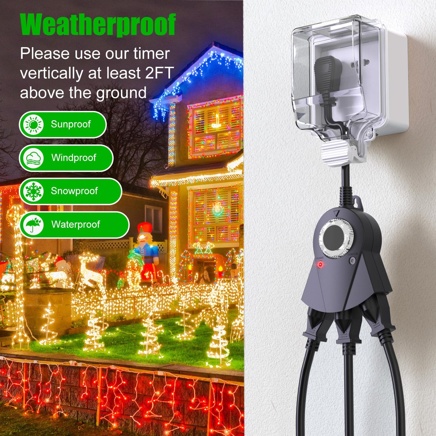Outdoor Light Sensor Timer, 24 Hours Heavy Duty Waterproof Outlet Timer with 2, 4, 6 or 8 Hours Countdown Mode, 3 Grounded Electrical Outlet for Home Backyard Garden (2 Pack)