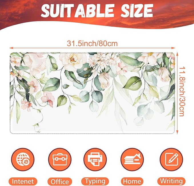 KOAIWPAE Desk Mat, Watercolor Pink Flowers Desk Pad, Green Leaves Flowers Large Gaming Mouse Pad for Desk, 31.5"x15.7" Extended Big Computer Keyboard Mouse Pad with Non-Slip Base and Stitched Edge