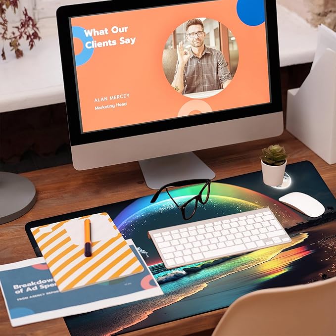 KOAIWPAE Desk Mat, Rainbow and Full Moon Desk Pad, Beach at Night Large Gaming Mouse Pad for Desk, 31.5"x15.7" Extended Big Computer Keyboard Mouse Pad with Non-Slip Base and Stitched Edge