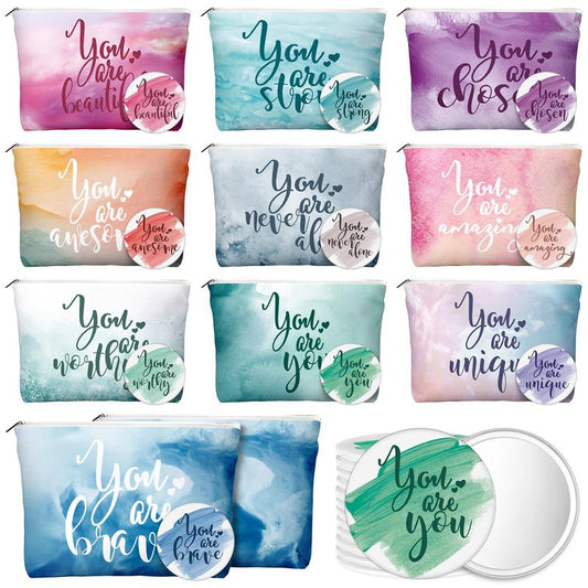 Vercraft Employee Appreciation Gift for Women Teacher Inspirational Canvas Makeup Bag Portable Compact Mirror Bulk Cosmetic Bag Thank You Volunteer CNA Nurse Coworker(Inspiration,Pastel,60 Pcs)