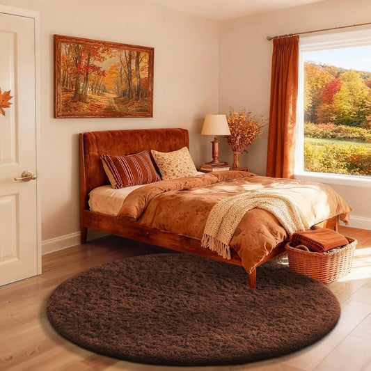Ophanie Round Rug - 4Ft Brown Fluffy Circle Area Rug | Soft Shaggy Carpet for Kids & Nursery Decor