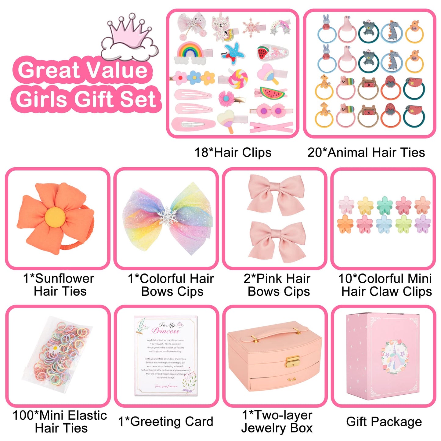 ONECOCOA Hair Accessories for Girls，Teen Girl Gifts Including Jewelry Box/Hair Clips/Hair Barrettes/Hair Ties/Hair Bows，birthday gift for girls age 6 7 8-14（Cute Bear）
