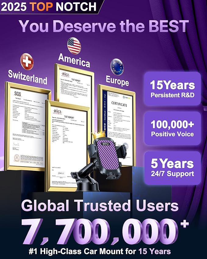 HTU 2026 Ultimate Best【True Military-Grade & Safety Cert】Car Phone Holder【Upgraded 360 Rotation & 100+LBS Strongest Suction】5-in-1 Truck Windshield Dashboard Vent Mount Stand for iPhone Android,Purple