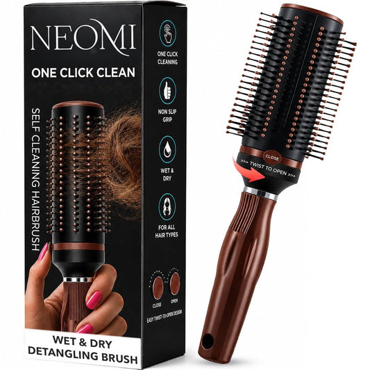 Shop LC Brown Self-Cleaning Hair Brush for Women | Retractable Bristle Detangler | Round Brush for Blow Out | Curly Straight Thick Hair | Compact Travel