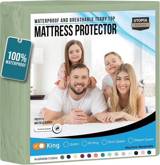 Utopia Bedding Waterproof Mattress Protector - Premium 200 GSM Terry Cover | King Size, Soft & Breathable, 17" Deep Pockets (Sage)
