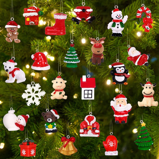 YUJUN Mini Christmas Ornaments Set - 24pcs 3D Resin Figurines for Tree Decoration