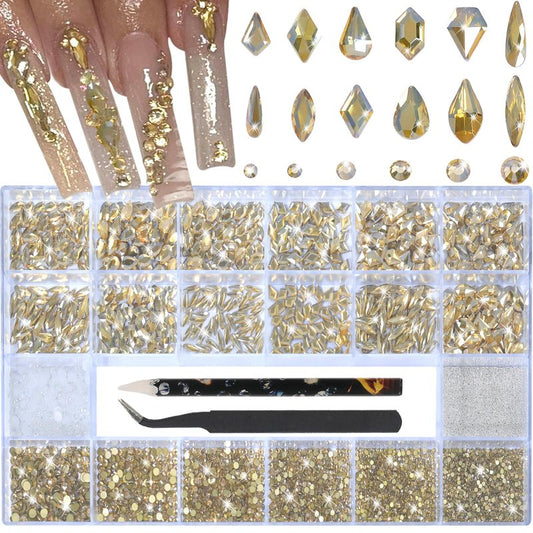 Nail Charms and Gems - 5000 Pcs, 20 Types, 20 Sizes, with Kit, Nail Rhinestones, Faux Pearls, Beads, for Nail Art (Champagne Gold)