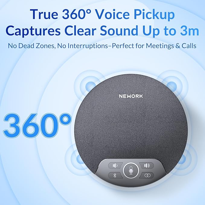 NEWORK Bluetooth Conference Speakerphone with AI Noise Reduction, 4 Mics, 360° Voice Pickup, 2600mAh Battery, Bluetooth/USB-C/Dongle, Daisy Chain for Large Rooms, Compatible with Zoom/Teams/Skype