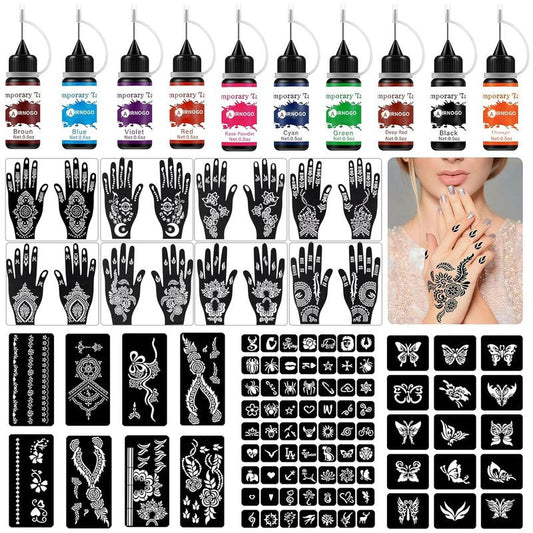 Temporary Tattoo Kit - 10 Color Ink Bottles, 8 Gloves & 86 Fun Stencils | Body Art for Kids & Adults