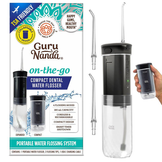 GuruNanda Compact Water Dental Flosser, Portable Travel Size Oral Irrigator Flosser with Collapsible 180 ml Tank, Smart Timer, 4 Flossing Modes, TSA-Friendly - Black