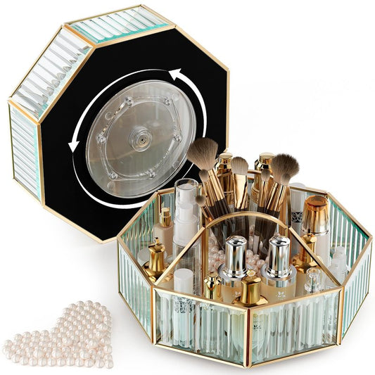 CoralHouse 360° Rotating Makeup Organizer Spinning Vanity Organizer with Makeup Brush Holder for Countertop, Bathroom Storage, Skincare, Perfume & Cosmetic Organizer for Vanity