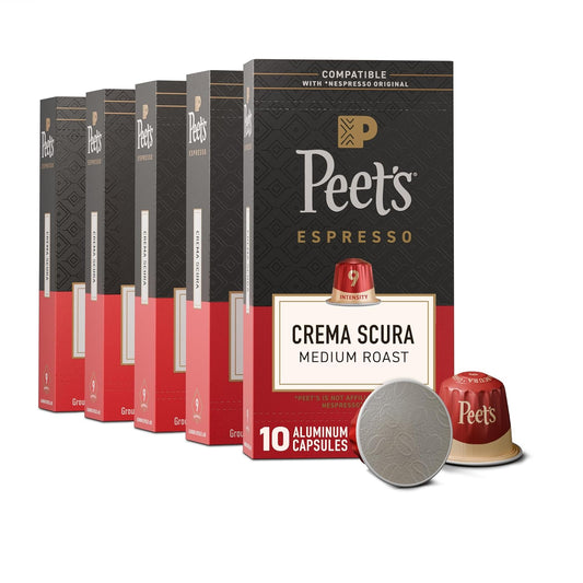 Peet's Coffee Medium Roast Espresso Capsules - 100% Arabica, Intensity 9, 50 Count (5 Boxes of 10)